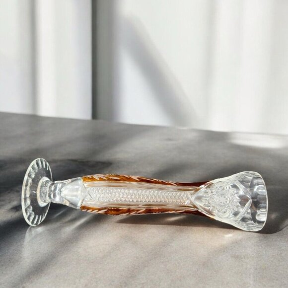 Vintage Czech Bohemian Glass Crystal Vase Vessel Amber Etching Floral Decor Vase - Picture 2 of 16